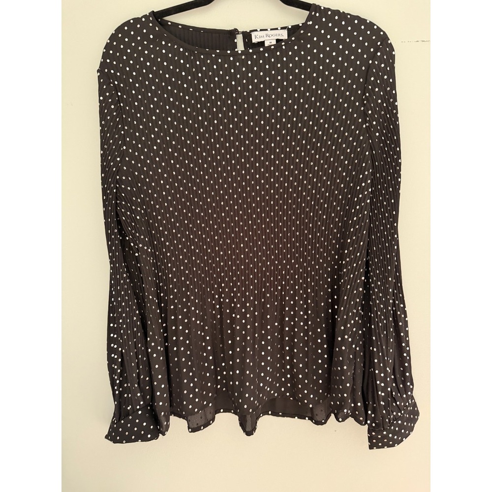 NWT Kim Rogers Women's Blouse Black/Silver Metallic Polka Dot Shirt M